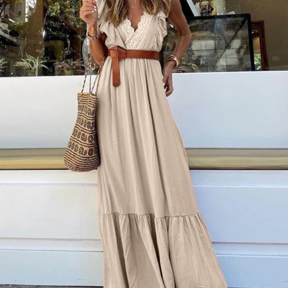 BNWT Boho V neck Ruffle Sleeve Solid Maxi Dress (tan)